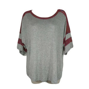 Eyeshadow Top T-shirt Women Size L Gray Red Floral Sheer Mesh Trim Short Sleeve